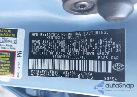 2013 Toyota Camry Le z USA, uszkodzony, nr VIN 4T1BF1FKXDU653743